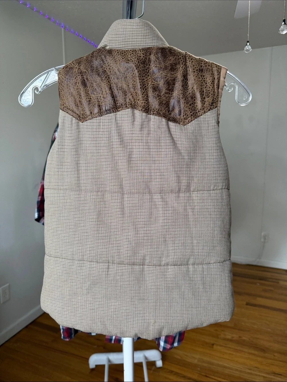 Zara Kids Vintage Western Toggle Puffer Vest - Houndstooth & Faux Leather
